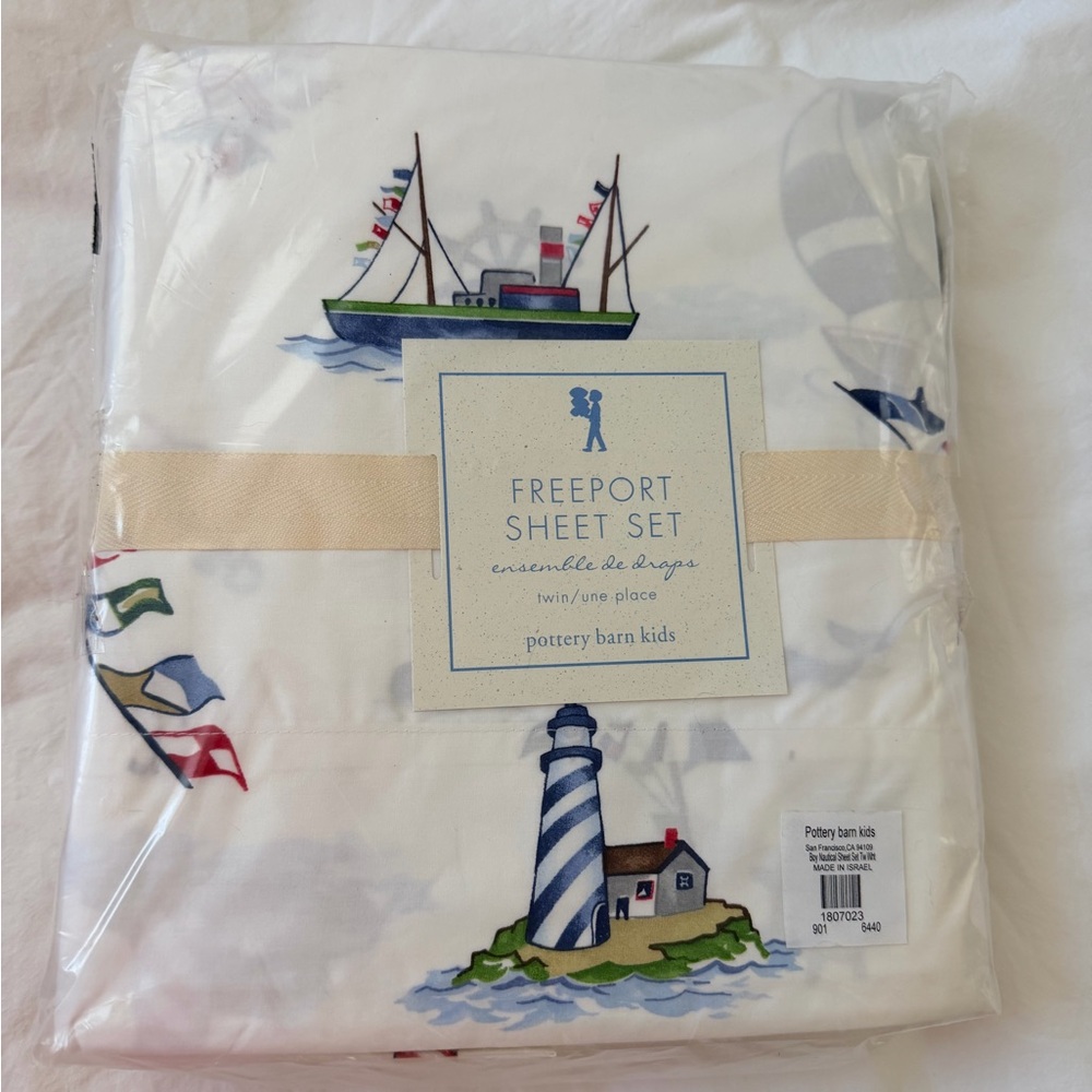 New Pottery Barn Kids Freeport lighthouse sailboats twin sheet set